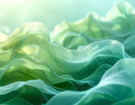 Ondas emulando algas finas vistas en macro, tonos verde agua y pastel