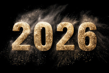 High-resolution glitter explosion behind the bold number "2026," glowing golden particles bursting outward on a deep black background.