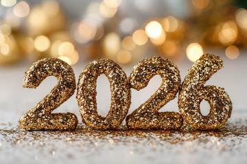 Ultra-close-up macro of sparkling gold glitter forming the shape of "2026," shallow depth of field and bokeh lights in background.