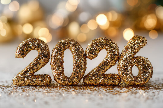 Ultra-close-up macro of sparkling gold glitter forming the shape of "2026," shallow depth of field and bokeh lights in background.