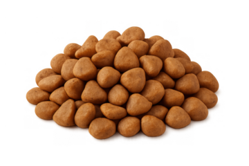 Dry pet food kibble heap for animal nutrition, brown granules forming a healthy meal, clean background