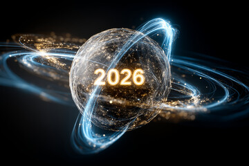 A glowing sphere of light particles forming "2026" at the center, surrounded by swirling luminescent energy lines in blue and gold.