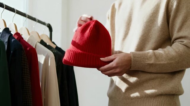 A person holds a red knit beanie while choosing an outfit from a clothing rack. Getting dressed with a minimalist wardrobe. Winter fashion and personal style