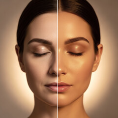 Beauty portrait half-young half-older woman face closed eyes calm expression warm golden lighting on softly blurred warm-beige backdrop