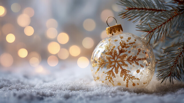 Elegant glass ornament with golden snowflake design resting on soft snow near pine tree branches with warm holiday light bokeh background