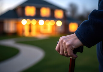 Close-up photograph elderly hand gripping cane suburban house golden lights curved pathway blurred background texture bokeh aging changing populations