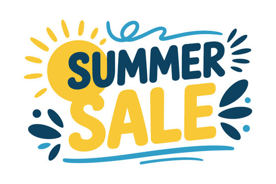 A vibrant summer sale announcement illustration with a sun and water elements.