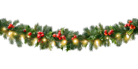 Realistic Christmas Pine Garland with Holly Berries and Warm Glowing Fairy Lights. Holiday Border Decoration Element on Transparent Background.