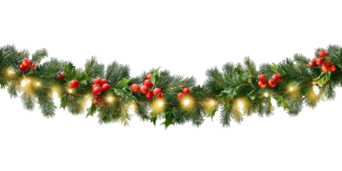 Realistic Christmas Pine Garland with Holly Berries and Warm Glowing Fairy Lights. Holiday Border Decoration Element on Transparent Background.
