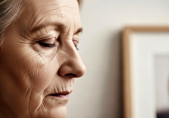 Close-up portrait elderly woman profile closed eyes skin texture wrinkles neutral tones wooden picture frame blurred aging societal landscape