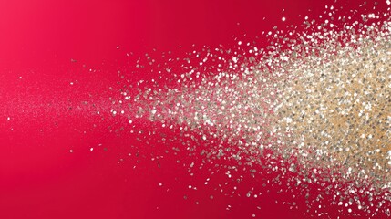 gold glitter sparkles flying on red background creating festive light shimmer in dynamic abstract motion