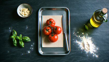 A flat lay of vibrant red tomatoes on a baking tray with basil, garlic, flour, and olive oil, capturing the essence of Mediterranean cuisine