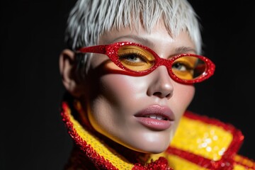 fashion woman in red jacket and yellow glasses posing with style and confidence in modern portrait