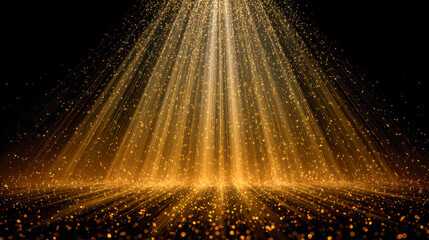 Golden sparkling light rays shining down from above creating a magical glowing particle effect on a dark background with shimmering glitter accents