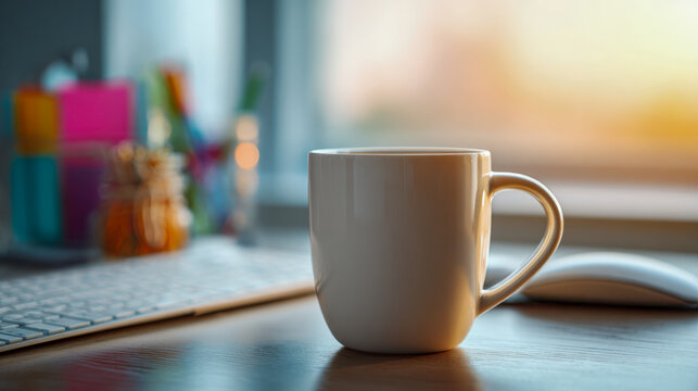 White ceramic mug sitting on a wooden desk near a wireless keyboard and mouse with sunlight softly illuminating the background in a cozy workspace setting
