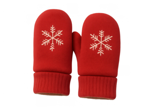 Pair of red winter mittens with white snowflake design, keeping hands warm for cold weather sports and holidays - Powered by Adobe
