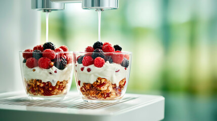Fresh berry and granola parfaits in glass cups being filled with yogurt from dispenser in bright natural light setting