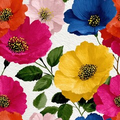 seamless pattern of painted flowers with bright colors and green leaves creating vibrant floral pattern in colorful nature scene