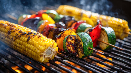 Grilled corn on the cob and vegetable skewers with zucchini, bell peppers, and eggplant cooking over open flames for a summer barbecue feast