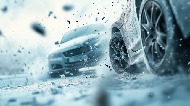 One second before a two-car accident on a snowy winter road. Concept of careful driving in wintertime.
