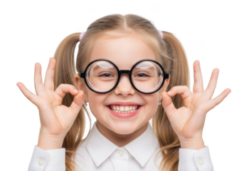 A young girl with pigtails and round glasses smiles enthusiastically while making an okay gesture with both hands