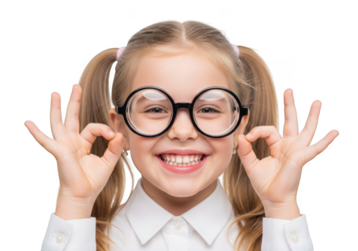 A young girl with pigtails and round glasses smiles enthusiastically while making an okay gesture with both hands - Powered by Adobe