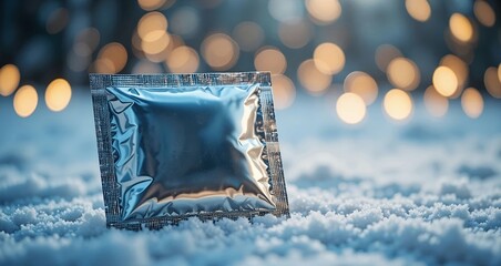 Foil condom packaging on a clean white snowy surface, soft winter light, subtle bokeh New Year's lights in background, minimalist mockup style with wide negative space.