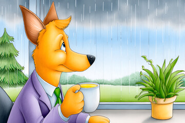 Fototapeta premium Reflective fox enjoying a rainy day indoors with a warm drink