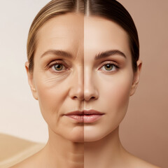 Image side-by-side older younger female faces fine lines smooth skin warm beige tones blurred backdrop sandy cream muted peach transition