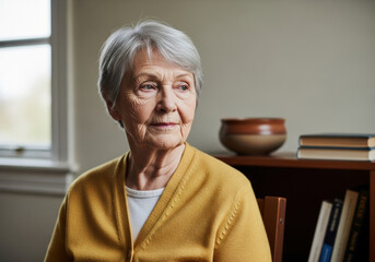 Indoor image elderly woman gray hair mustard cardigan bookshelf ceramic bowl books diffused daylight age lines complexion aging societies needs
