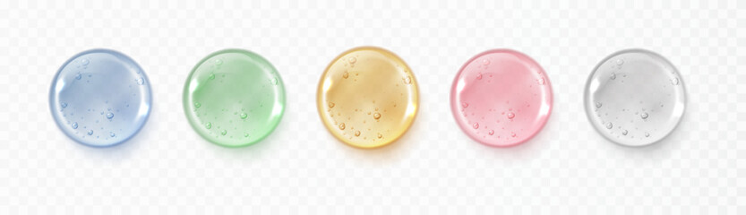 Realistic glycerin gel drops set with bubbles isolated on transparent background. Serum liquid droplet texture for skincare cosmetic design.