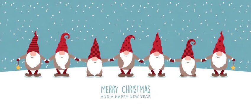 cute dwarfs holding hands on snowy winter background christmas greetings illustrated animation