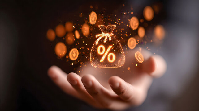 Hand holding glowing digital money bag icon with percentage symbol and floating coins representing financial growth and investment returns concepts
