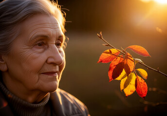 Portrait elderly woman three-quarter profile serene expression golden-hour light autumn leaves blurred natural cycle aging societal challenges