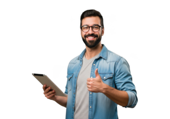 Smiling bearded man with glasses holding a tablet and giving a thumbs up gesture against a black background