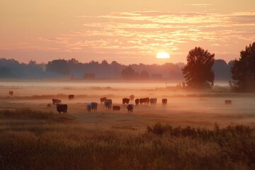 Cows Walking Through Fog at Sunrise in a Tranquil Countryside Landscape