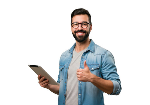 Smiling bearded man with glasses holding a tablet and giving a thumbs up gesture against a black background