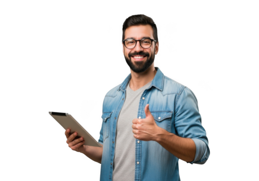 Smiling bearded man with glasses holding a tablet and giving a thumbs up gesture against a black background - Powered by Adobe