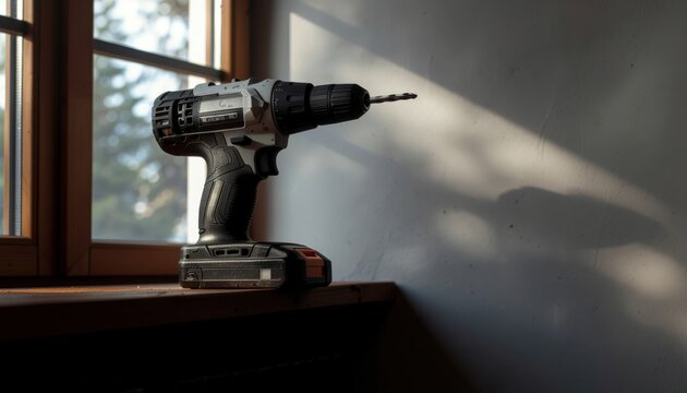 Cordless Power Tools concept. Power drill resting on a windowsill, casting a shadow on the wall.
