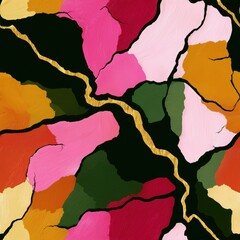 Seamless pattern of abstract shapes with bright colors and golden lines creating bold artistic pattern in vibrant modern design