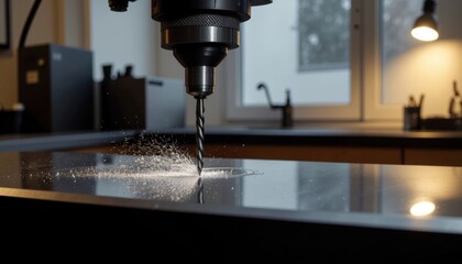 Cordless Power Tools concept. Precision milling machine in action with water spray on metal surface.