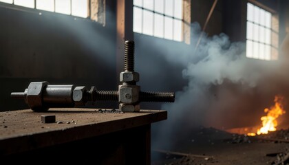 Cordless Power Tools concept. Rusty bolts on a table in an industrial setting with smoke and fire.