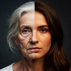 Portrait split aging youth older left younger right wrinkles silver hair smooth skin brown hair charcoal-gray background dramatic contrast