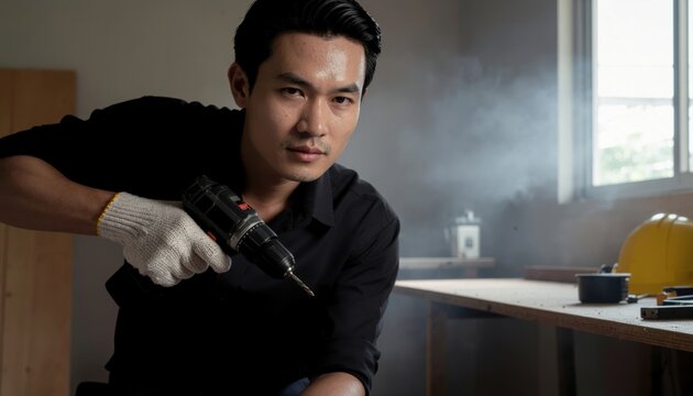 Cordless Power Tools concept. Focused man using a power drill in a workshop setting.