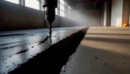 Cordless Power Tools concept. Drilling into concrete in a well-lit construction space.