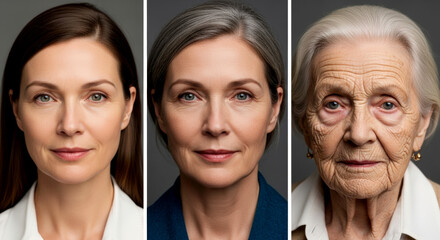 Soft-lit editorial portrait series of woman at three life stages with neutral expressions and aging skin markings on minimalist white background