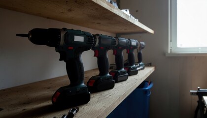 Cordless Power Tools concept. Power tools lined up on a shelf in a workshop setting.