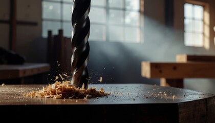 Cordless Power Tools concept. Drill cutting into wood with sawdust in a workshop setting.