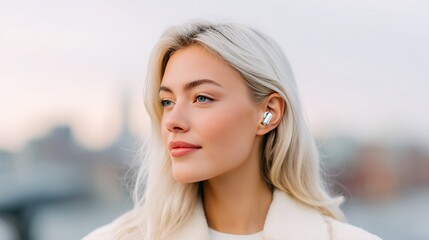 Fototapeta premium Modern young woman with long blonde hair wearing wireless earbuds, gazing thoughtfully into the distance, showcasing a serene expression in an urban outdoor setting