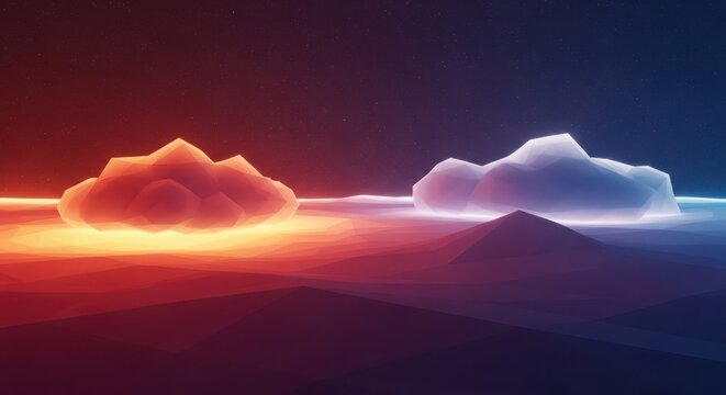 Abstract low poly landscape with clouds and glowing elements